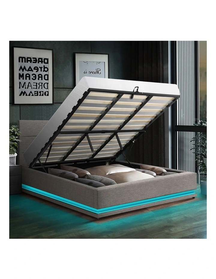Oikiture Bed Frame King Size Bed Platform RGB LED Gas Lift Base Storage Grey image 5
