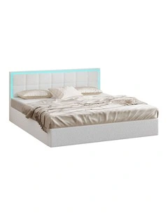 Oikiture Bed Frame King Size RGB LED Gas Lift Storage Base White Boucle