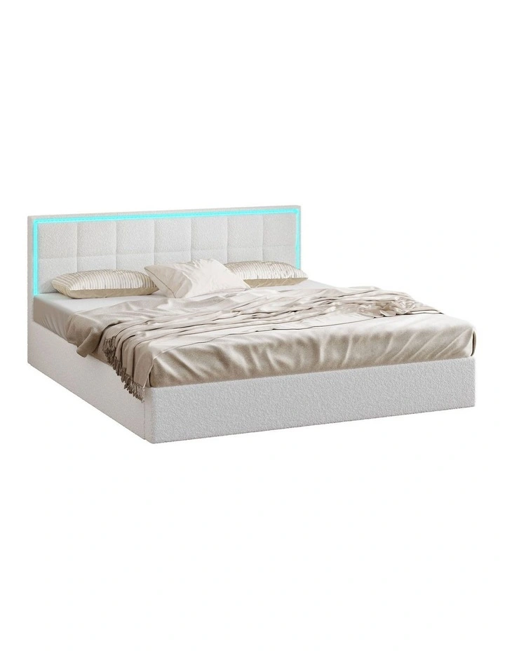 Oikiture Bed Frame King Size RGB LED Gas Lift Storage Base White Boucle image 1