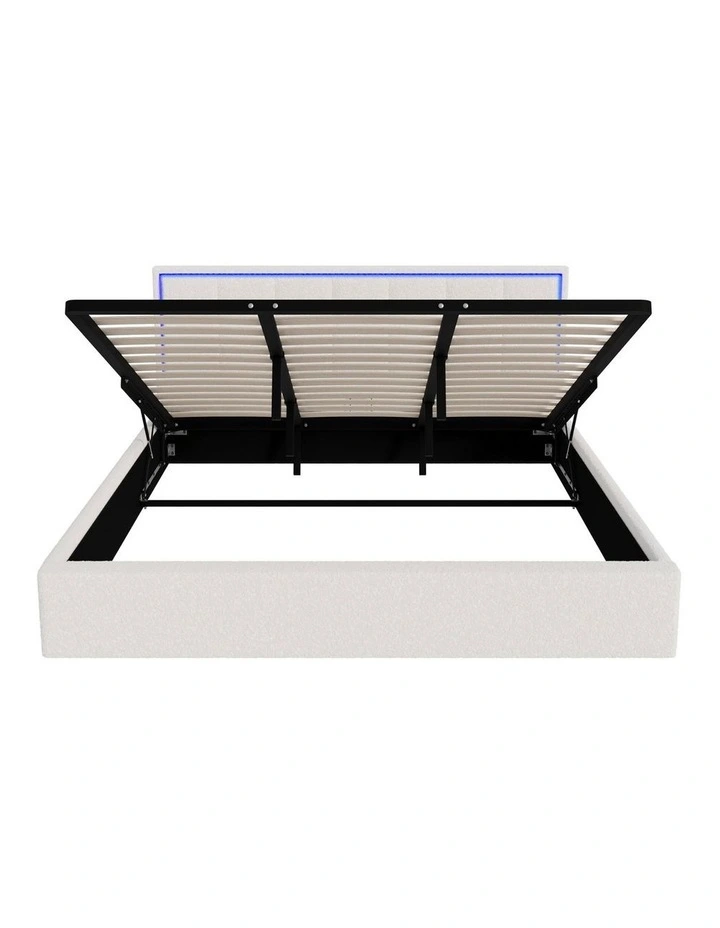 Oikiture Bed Frame King Size RGB LED Gas Lift Storage Base White Boucle image 2