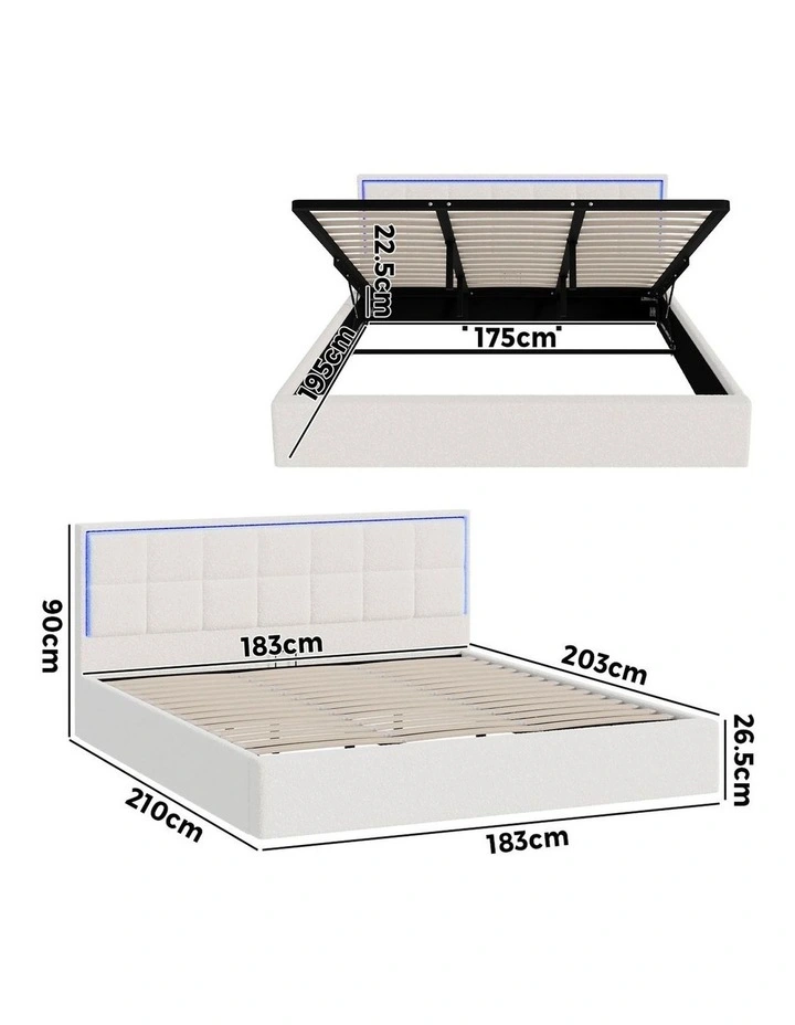 Oikiture Bed Frame King Size RGB LED Gas Lift Storage Base White Boucle image 3