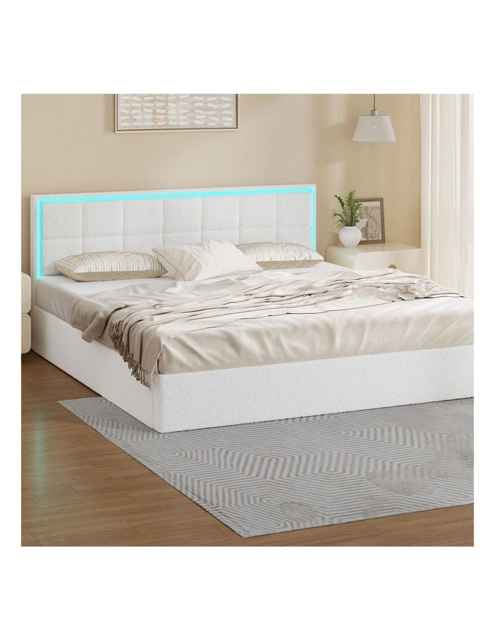 Oikiture Bed Frame King Size RGB LED Gas Lift Storage Base White Boucle image 4