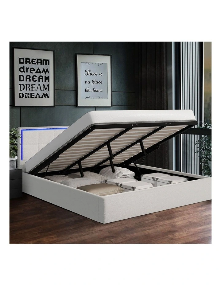 Oikiture Bed Frame King Size RGB LED Gas Lift Storage Base White Boucle image 5