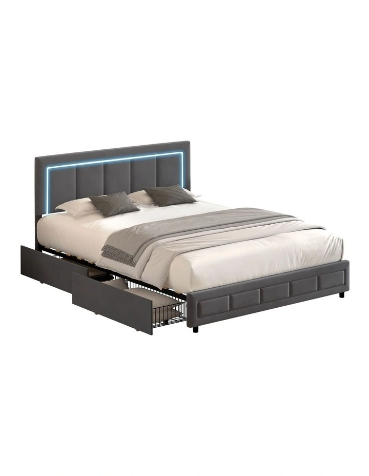 Oikiture LED Bed Frame Queen Size with 4 Drawers Adjustable Headboard Velvet image 1