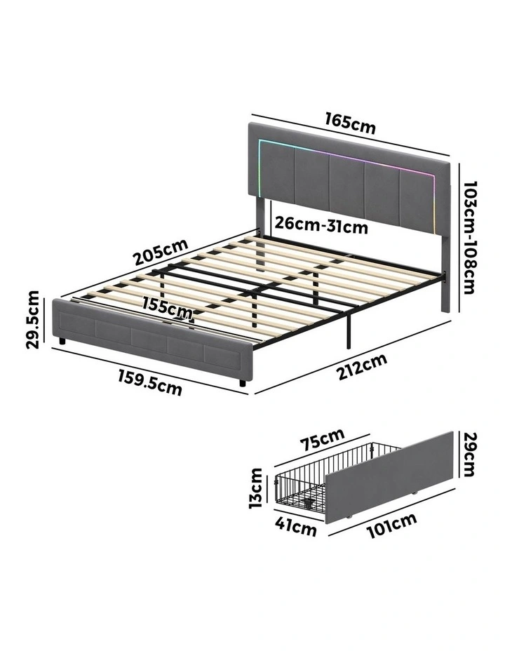 Oikiture LED Bed Frame Queen Size with 4 Drawers Adjustable Headboard Velvet image 3