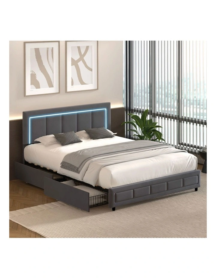 Oikiture LED Bed Frame Queen Size with 4 Drawers Adjustable Headboard Velvet image 4