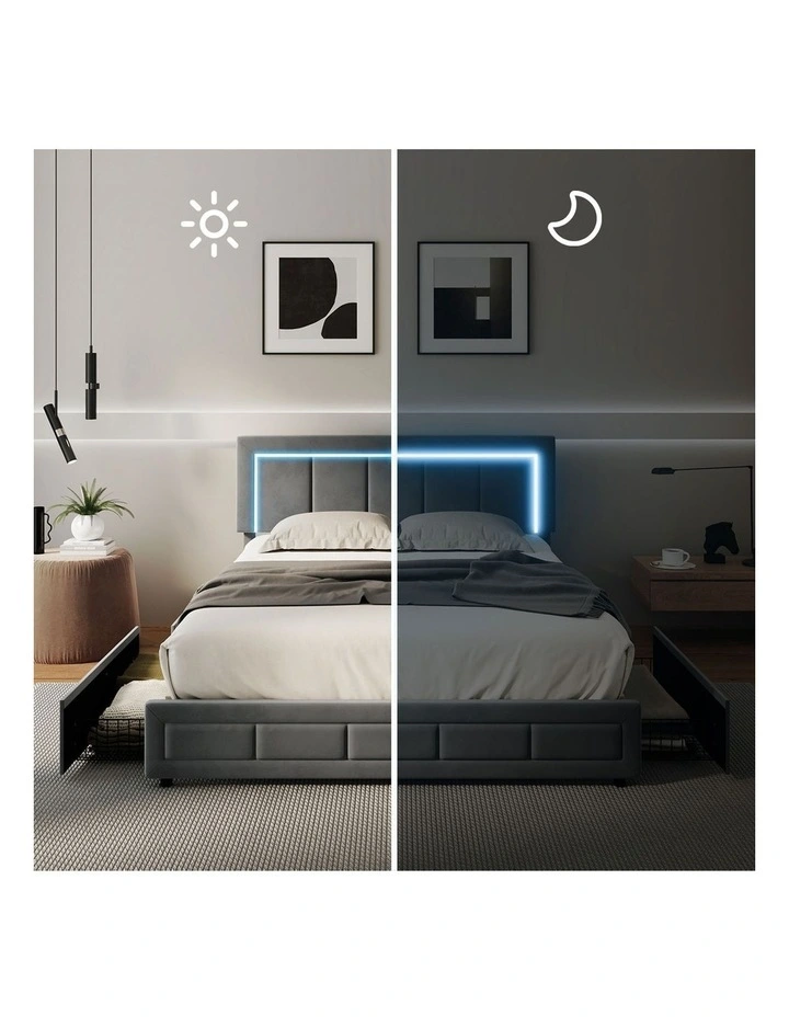 Oikiture LED Bed Frame Queen Size with 4 Drawers Adjustable Headboard Velvet image 5