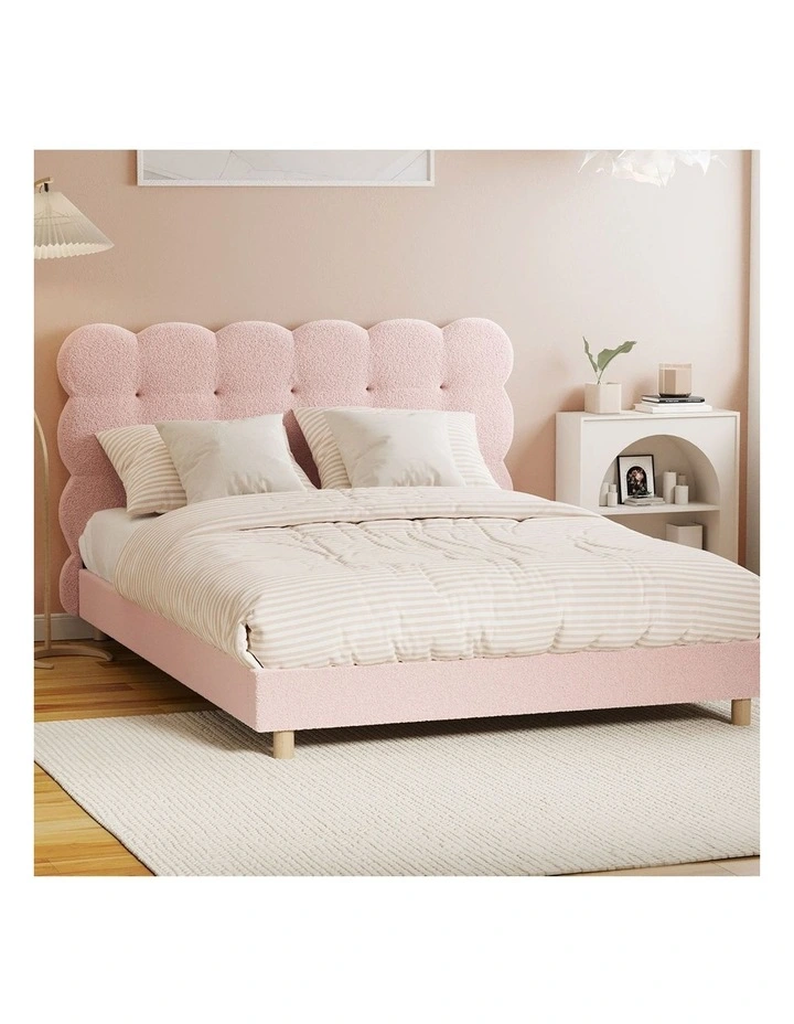 Oikiture Bed Frame Double Size Tufted Bedhead Boucle Fabric Pink image 4