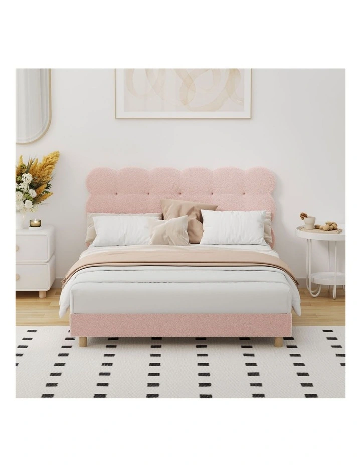 Oikiture Bed Frame Double Size Tufted Bedhead Boucle Fabric Pink image 5