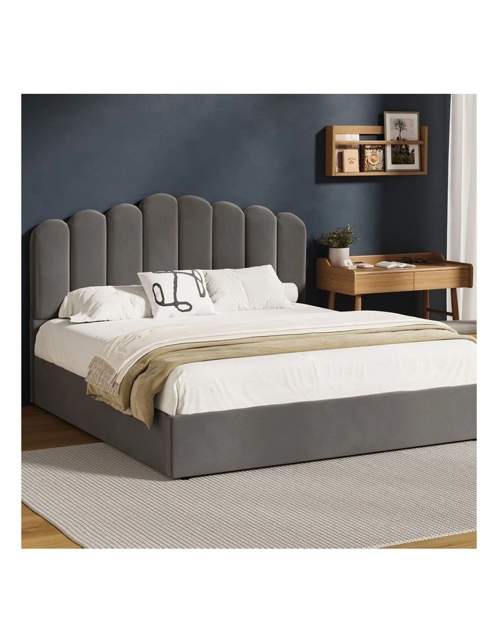 Oikiture Bed Frame King Size Gas Lift Bed Base With Storage Velvet KLON image 4