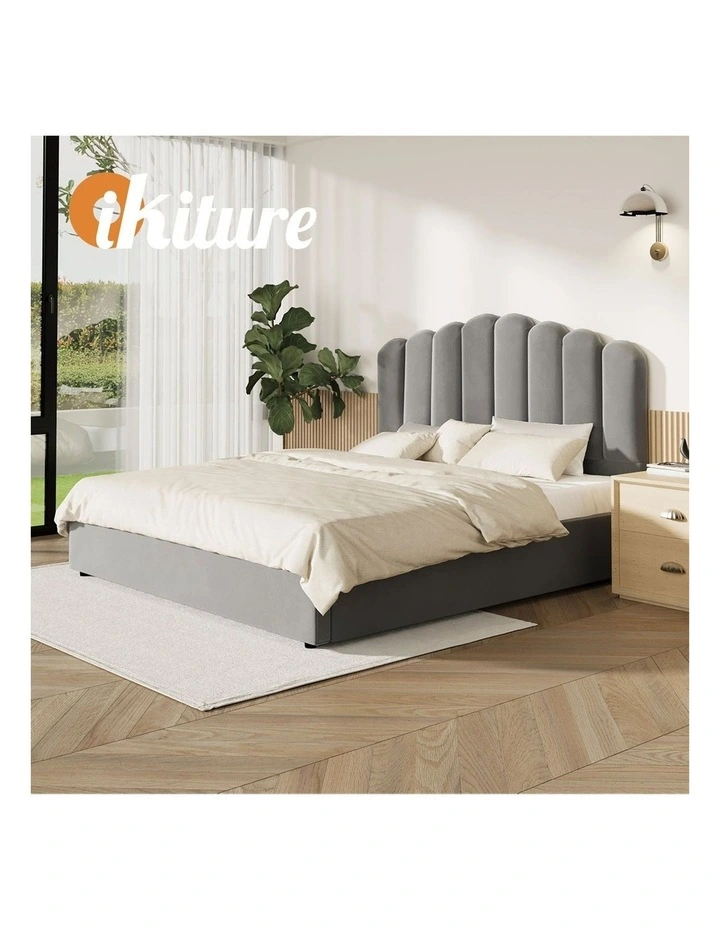 Oikiture Bed Frame King Size Gas Lift Bed Base With Storage Velvet KLON image 7