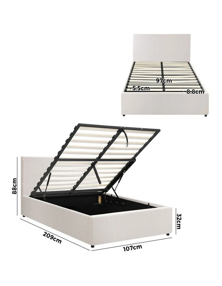 Oikiture Bed Frame King Single Size Gas Lift Base With Storage White Boucle image 3