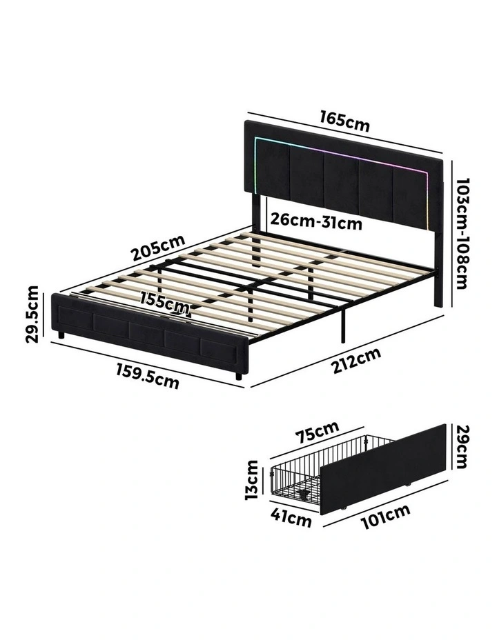 Oikiture LED Bed Frame Queen Size with 4 Drawers Adjustable Headboard Black image 3