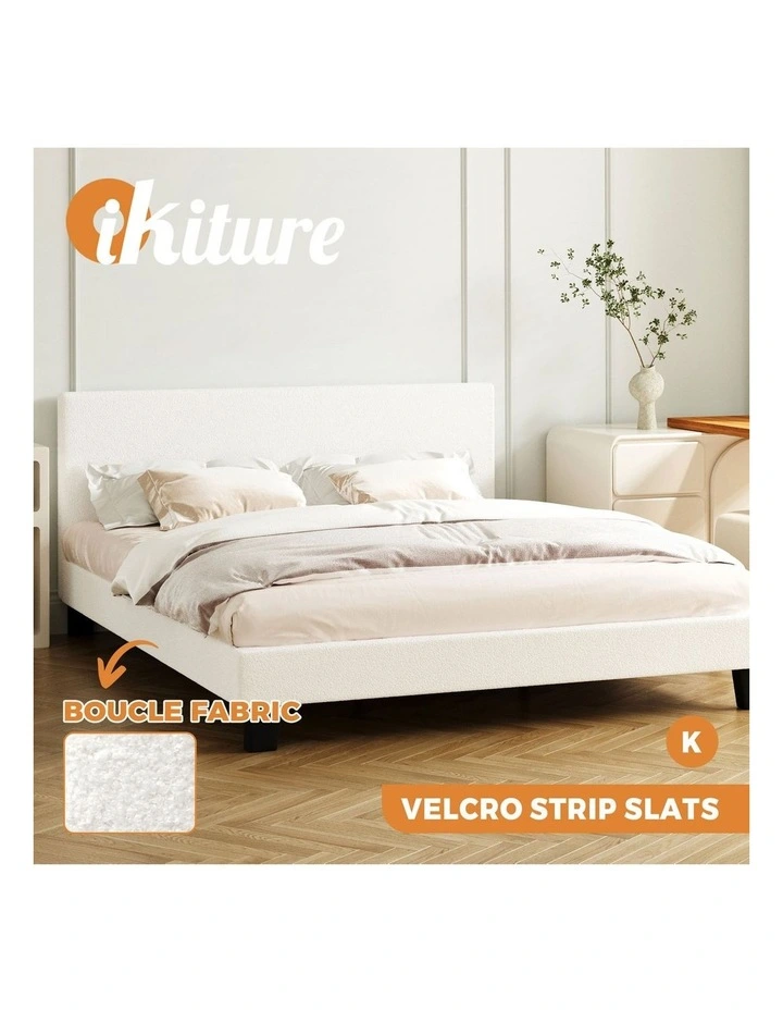 Oikiture Bed Frame King Size Boucle Beds Wooden Slats image 4