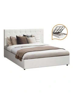 Oikiture Bed Frame King Size Gas Lift Storage Base White Leather COTI