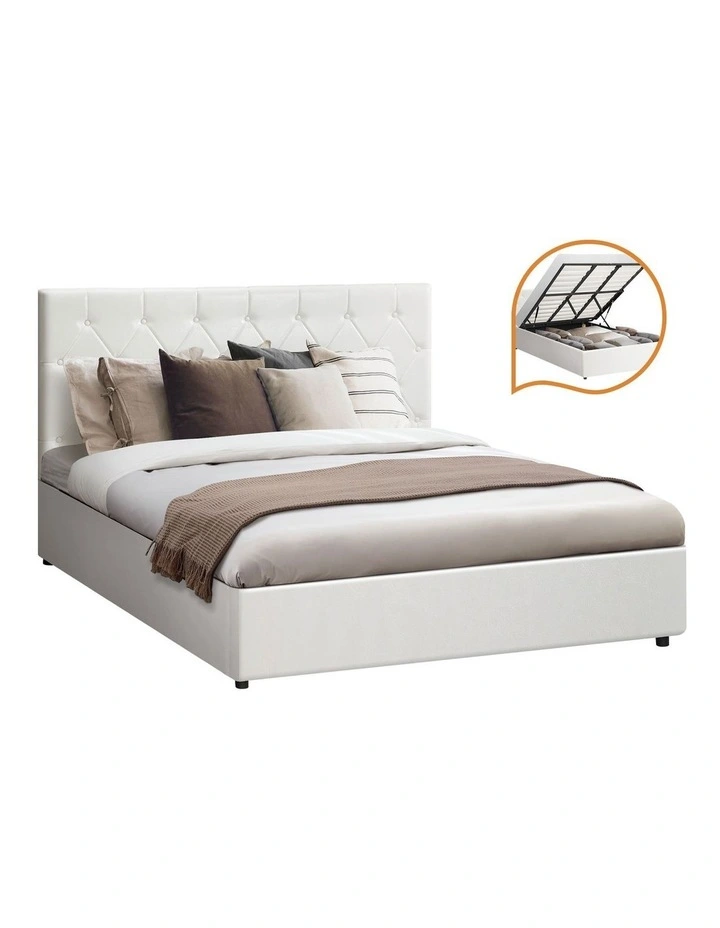 Oikiture Bed Frame King Size Gas Lift Storage Base White Leather COTI image 1