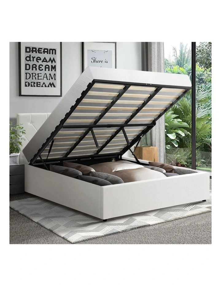 Oikiture Bed Frame King Size Gas Lift Storage Base White Leather COTI image 5