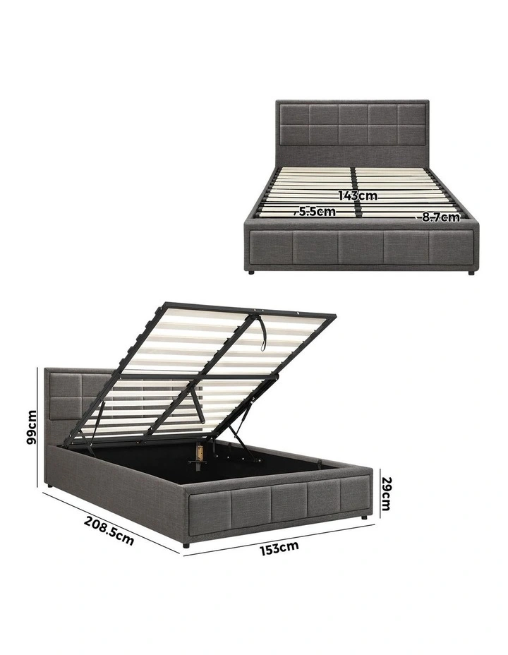 Oikiture Bed Frame Queen Size Gas Lift Storage Base Fabric Grey image 3