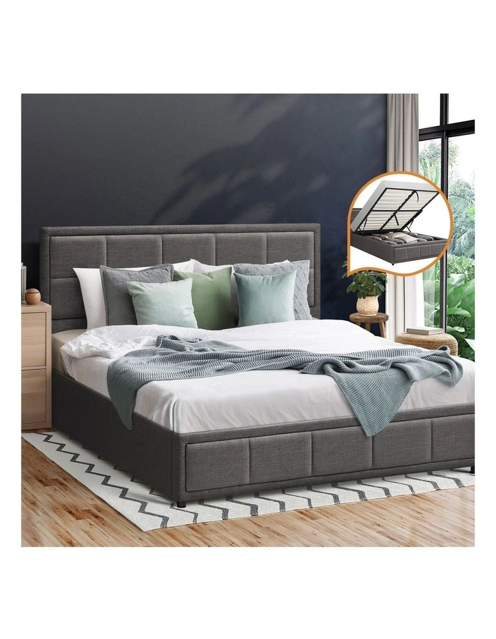 Oikiture Bed Frame Queen Size Gas Lift Storage Base Fabric Grey image 4