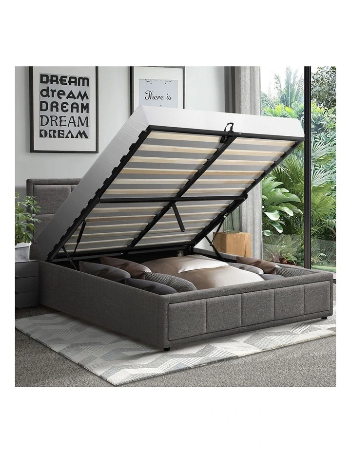 Oikiture Bed Frame Queen Size Gas Lift Storage Base Fabric Grey image 5