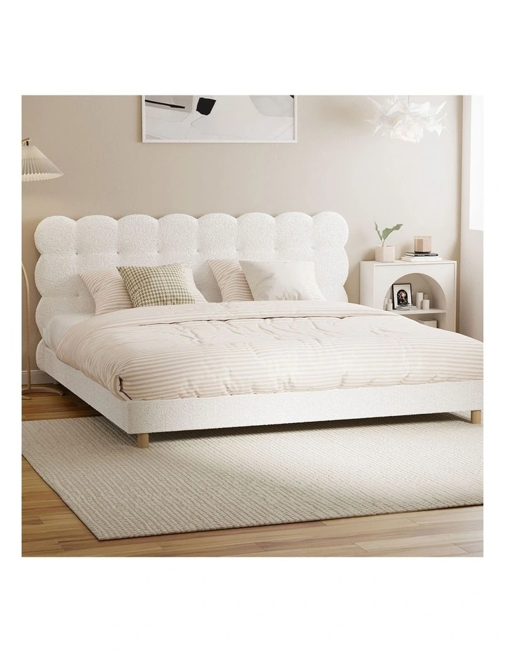Oikiture Bed Frame King Size Tufted Bedhead Boucle Fabric White image 4