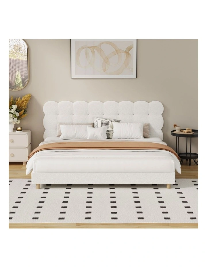 Oikiture Bed Frame King Size Tufted Bedhead Boucle Fabric White image 5