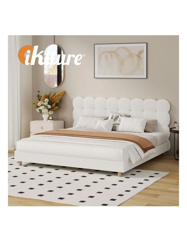 Oikiture Bed Frame King Size Tufted Bedhead Boucle Fabric White image 7