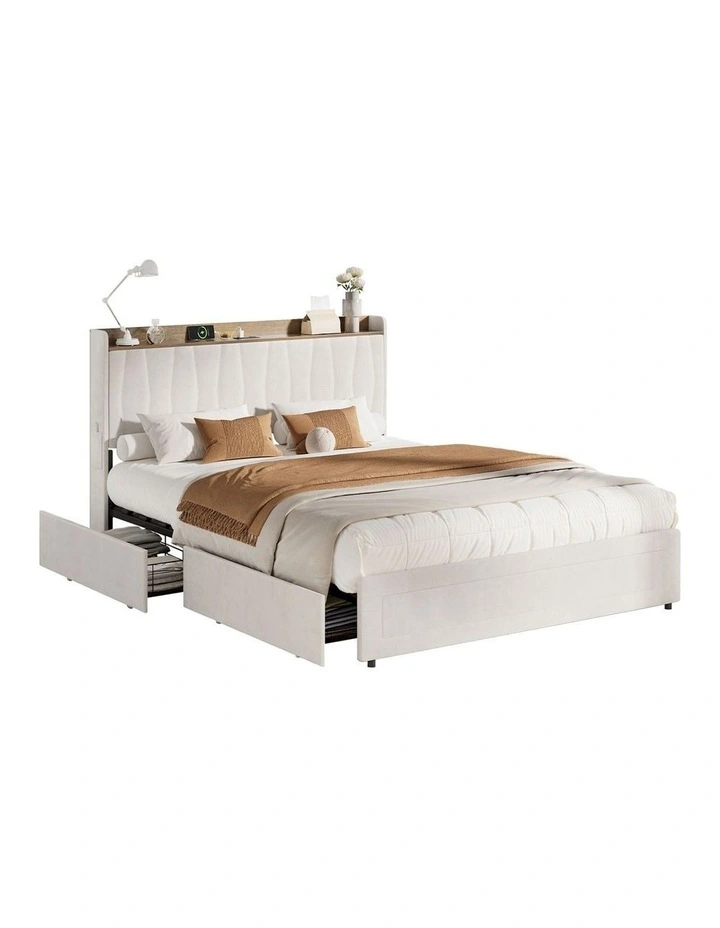 Oikiture Bed Frame Queen Size with 4 Drawers Charging Station USB Ports Beige image 1
