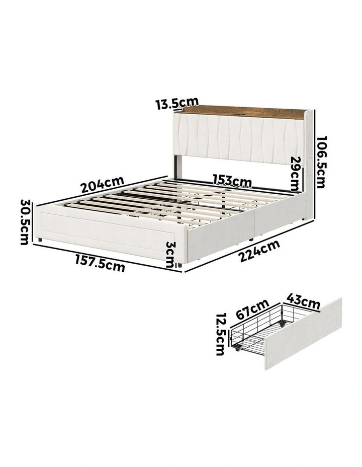 Oikiture Bed Frame Queen Size with 4 Drawers Charging Station USB Ports Beige image 3