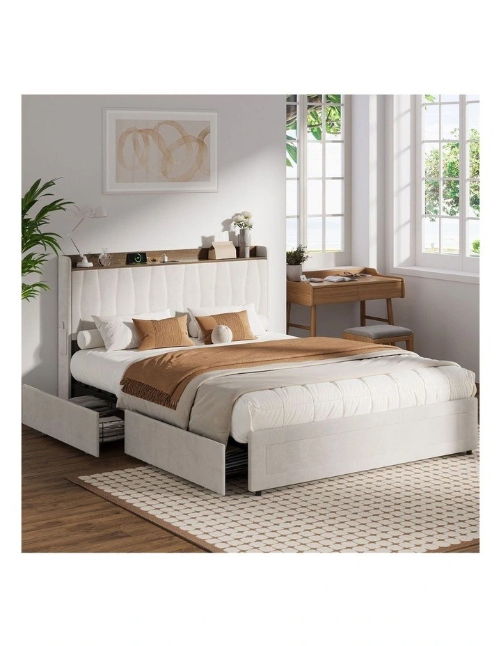 Oikiture Bed Frame Queen Size with 4 Drawers Charging Station USB Ports Beige image 4