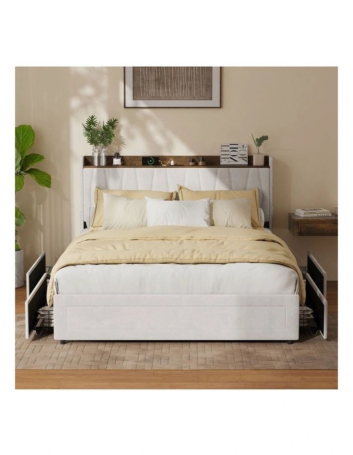 Oikiture Bed Frame Queen Size with 4 Drawers Charging Station USB Ports Beige image 5