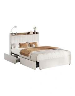 Oikiture Bed Frame Double Size with 4 Drawers Charging Station USB Ports Beige