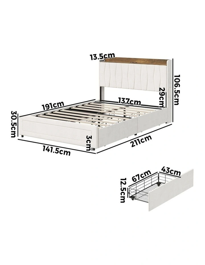 Oikiture Bed Frame Double Size with 4 Drawers Charging Station USB Ports Beige image 3
