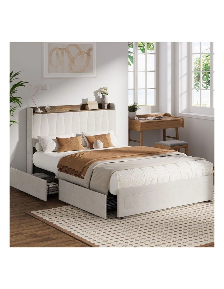 Oikiture Bed Frame Double Size with 4 Drawers Charging Station USB Ports Beige image 4