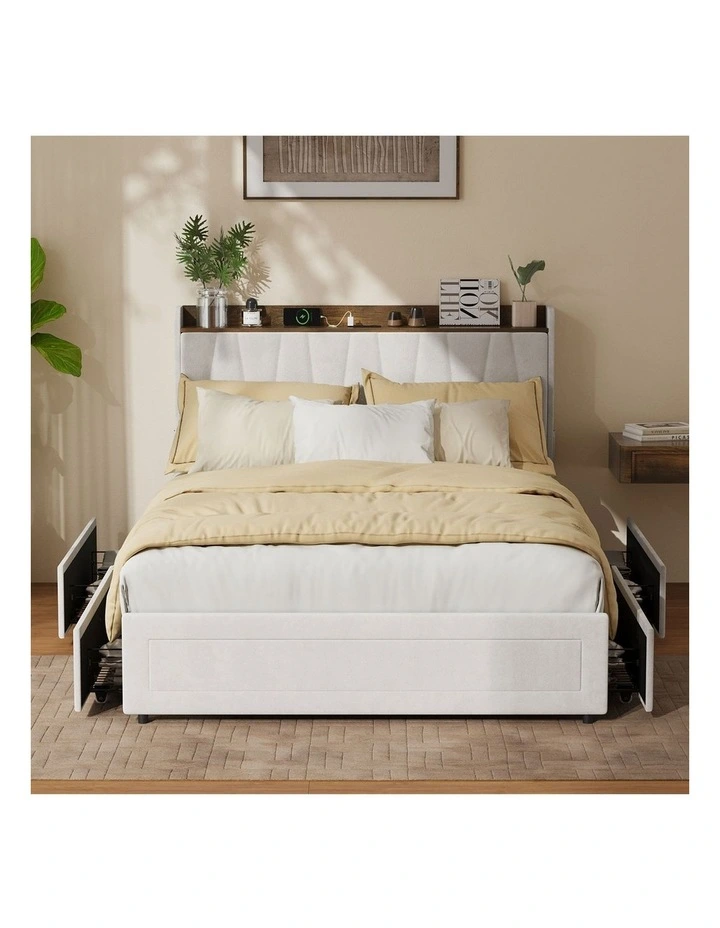 Oikiture Bed Frame Double Size with 4 Drawers Charging Station USB Ports Beige image 5