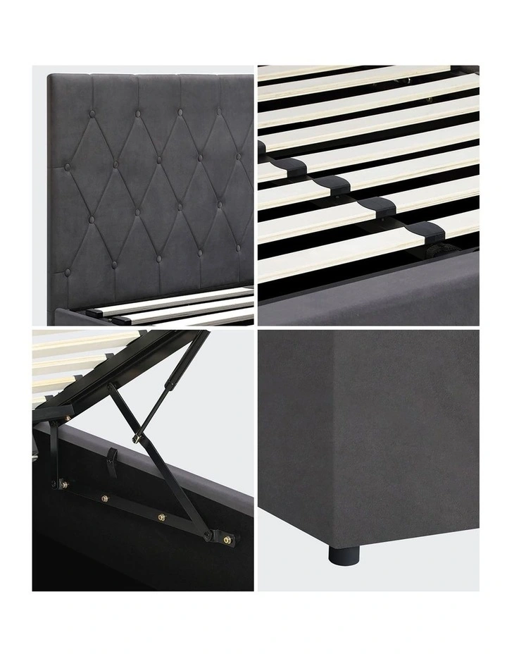 Oikiture Bed Frame Queen Size Gas Lift Storage Base Grey Velvet COTI image 7