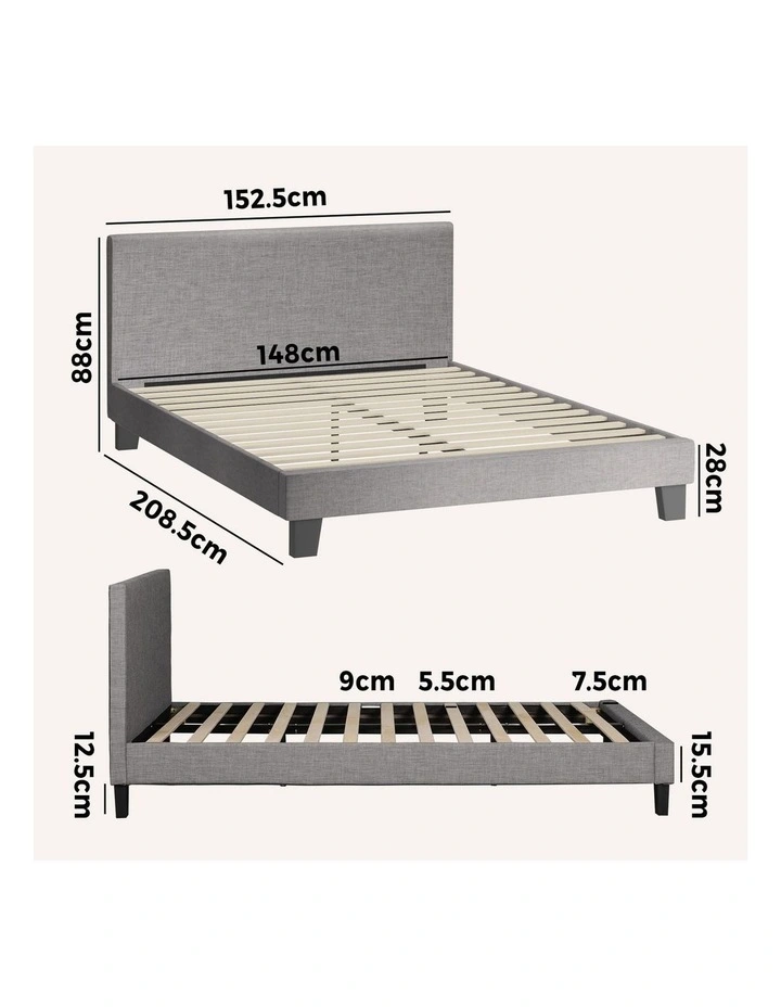 Oikiture Bed Frame Queen Size Wooden Slats Grey Fabric image 3