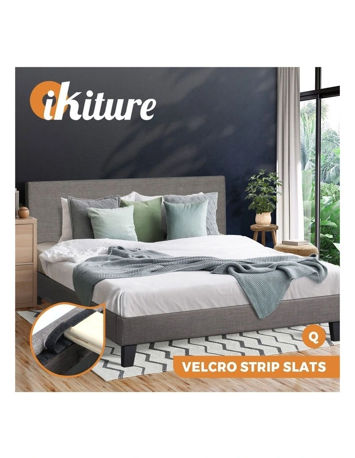 Oikiture Bed Frame Queen Size Wooden Slats Grey Fabric image 4