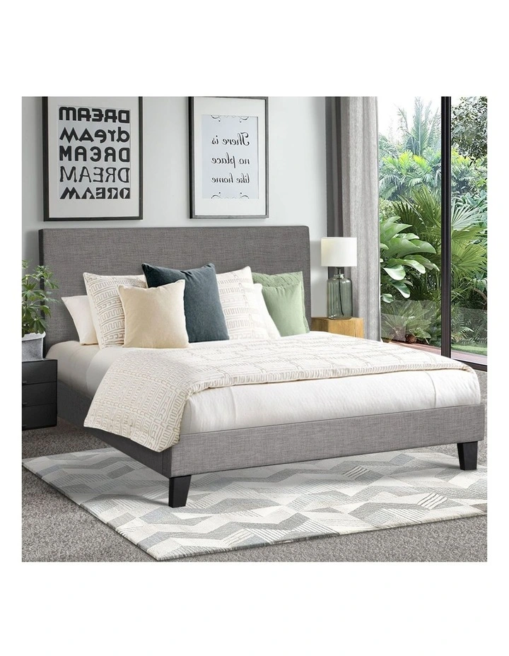 Oikiture Bed Frame Queen Size Wooden Slats Grey Fabric image 5