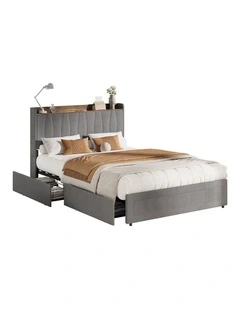 Oikiture Bed Frame Double Size with 4 Drawers Charging Station USB Ports Grey