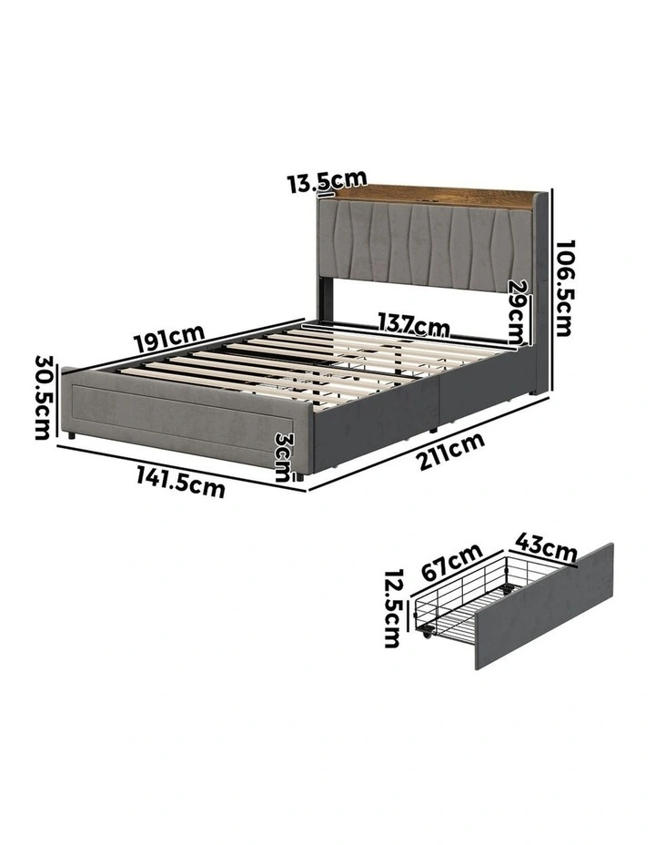 Oikiture Bed Frame Double Size with 4 Drawers Charging Station USB Ports Grey image 3