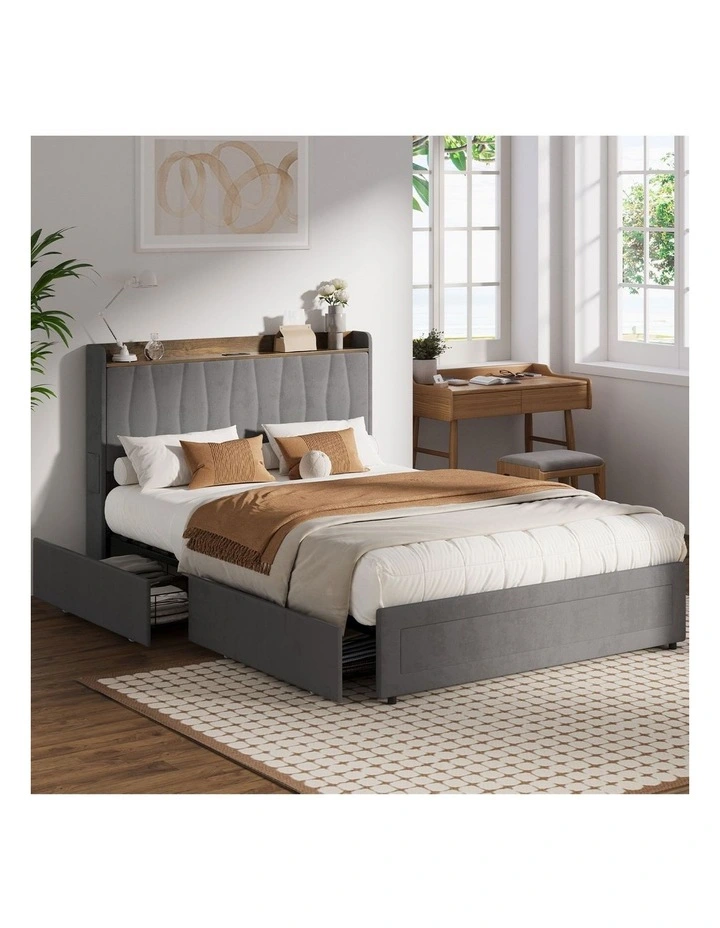 Oikiture Bed Frame Double Size with 4 Drawers Charging Station USB Ports Grey image 4