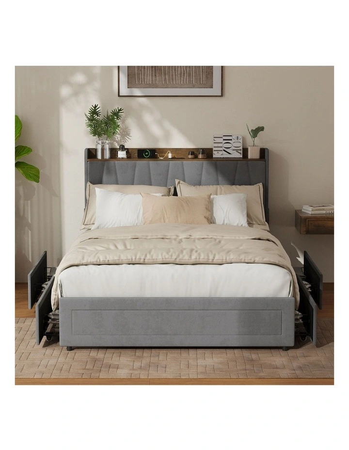 Oikiture Bed Frame Double Size with 4 Drawers Charging Station USB Ports Grey image 5