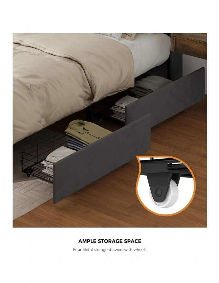 Oikiture Bed Frame Double Size with 4 Drawers Charging Station USB Ports Grey image 7