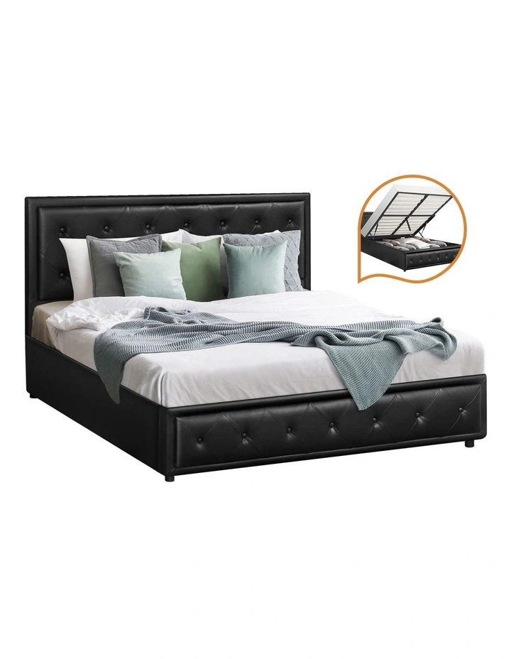 Oikiture Bed Frame Double Size Gas Lift Base With Storage Black Leather image 1