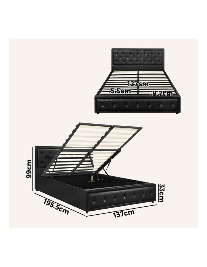 Oikiture Bed Frame Double Size Gas Lift Base With Storage Black Leather image 3