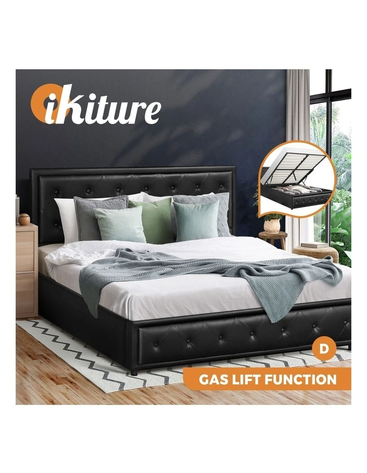 Oikiture Bed Frame Double Size Gas Lift Base With Storage Black Leather image 4