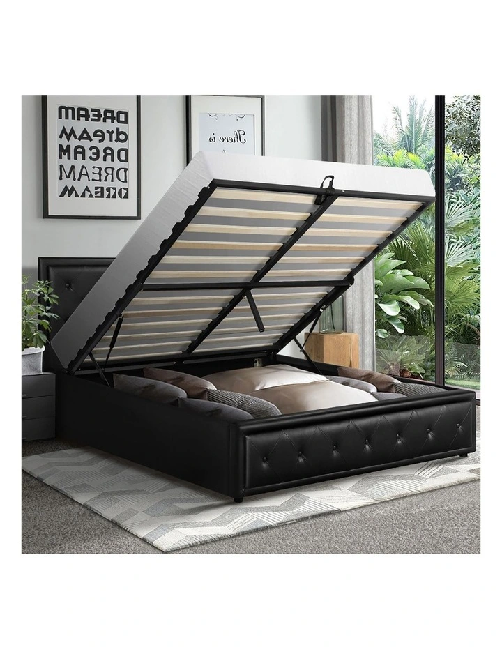 Oikiture Bed Frame Double Size Gas Lift Base With Storage Black Leather image 5