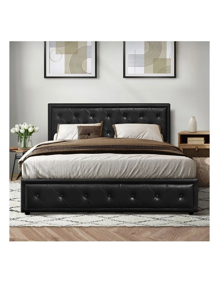 Oikiture Bed Frame Double Size Gas Lift Base With Storage Black Leather image 6