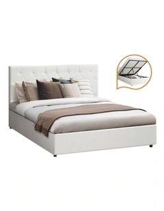 Oikiture Bed Frame Queen Size Gas Lift Storage Base White Leather COTI